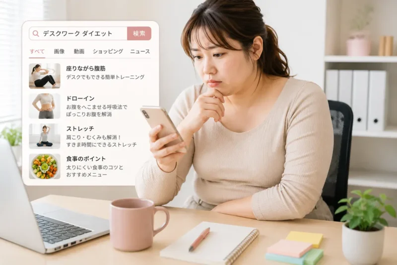 デスクワークのダイエット方法をスマホで調べている女性